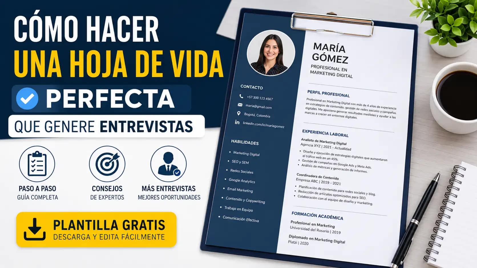 Modelo de hoja de vida profesional exibido em uma prancheta sobre uma mesa, acompanhado de ícones informativos e destaque para dicas de currículo que ajudam a conseguir mais entrevistas de emprego.