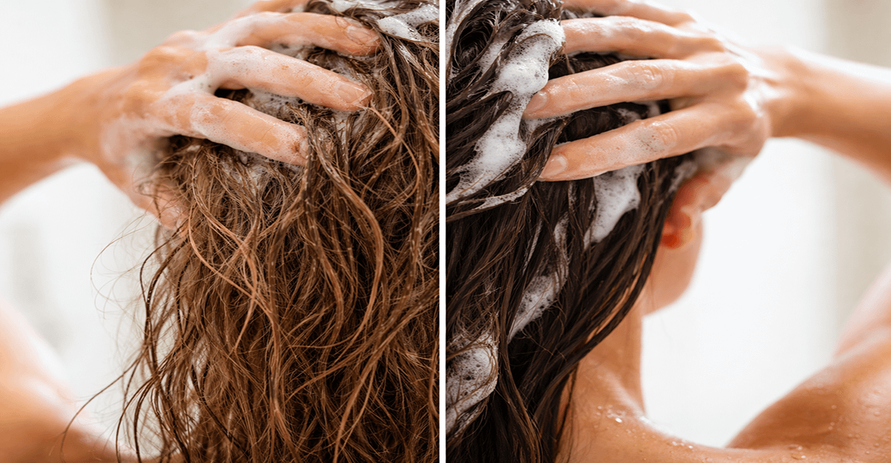 Shampoo antirresíduo sendo aplicado no cabelo durante lavagem para limpeza profunda dos fios